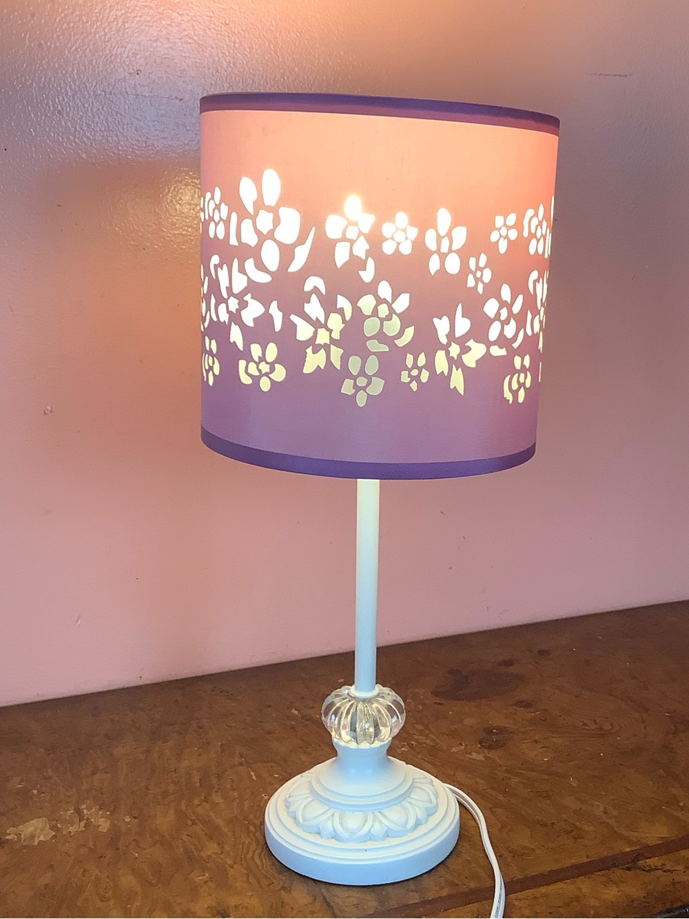 Lavender Flower Cut-Out Table Lamp White Base Clear Crystal Accent Girl's Room